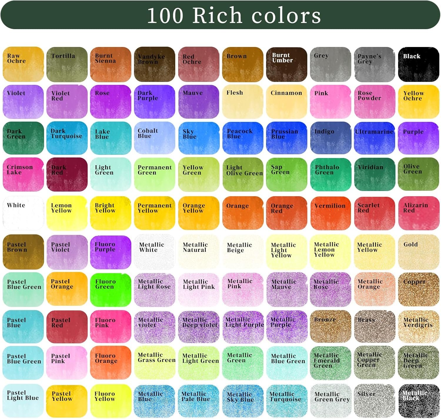 Artecho Watercolor Paint Set 100 Colors with Metallic in Portable Box, Paint Kit with Watercolor Papers and Brushes, Water Color Set for Beginners & Professionals - Image 3