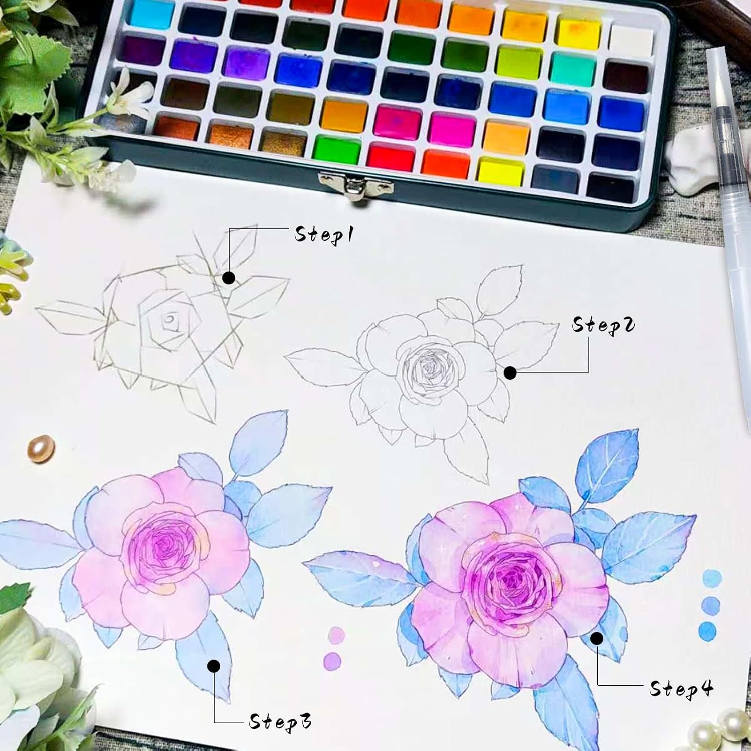 Artecho Watercolor Paint Set 100 Colors with Metallic in Portable Box, Paint Kit with Watercolor Papers and Brushes, Water Color Set for Beginners & Professionals - Image 5