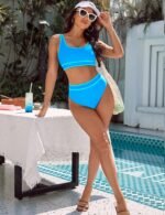 BMJL Women's High Waisted Bikini Sets Sporty Two Piece Swimsuits Color Block Cheeky High Cut Bathing Suits - Image 6