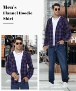 Mens Hooded Flannel Shirts Hoodie Shirt Long Sleeve Casual Plaid Button Down Jackets Stylish with Pocket - Image 7