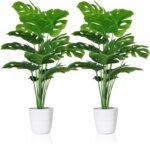 SAJANDAS Set of 2 Artificial Monstera Deliciosa Plants in Pots, Fake Tropical Palm Tree with Greenery Leaves Stems, 28 Inch Artificial Cheese Plant for Home Bathroom, Office, Windowsill Decor - Image 2