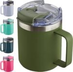 12oz Insulated Travel Coffee Mug with Handle, Army Green | Stainless Steel Coffee Tumbler with Lid, Double Wall Vacuum Thermal Cup for Camping - Image 2