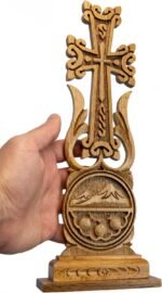 HandCraftoria Unique Wooden Table cross standing Wooden Armenian cross with Ararat and Pomegranate Ornaments Cross for Desk best Armenian gift souvenir (Beige) - Image 3