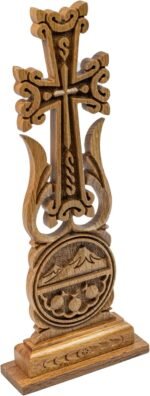 HandCraftoria Unique Wooden Table cross standing Wooden Armenian cross with Ararat and Pomegranate Ornaments Cross for Desk best Armenian gift souvenir (Beige) - Image 2